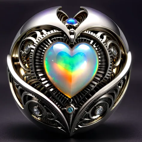 a pure diamond and opal mechanical orb, giger style, silvercarvingcd_xl , rainbow heart aura,