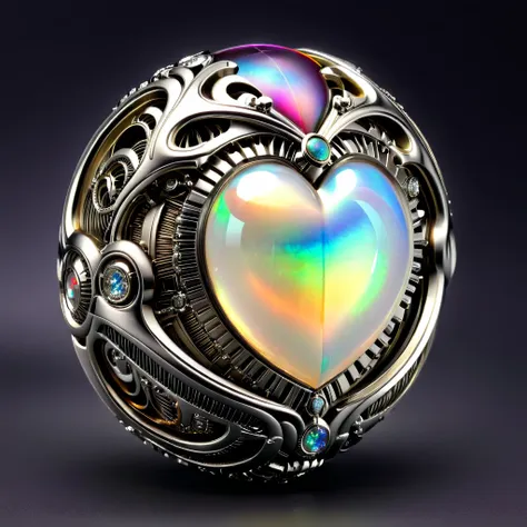 a pure diamond and opal mechanical orb, giger style, silvercarvingcd_xl , rainbow heart aura,