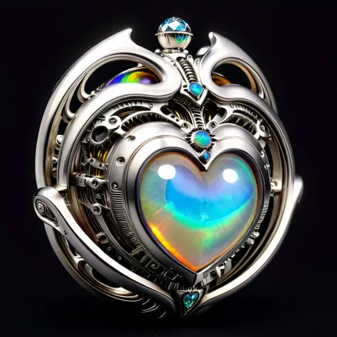 a pure diamond and opal mechanical orb, giger style, silvercarvingcd_xl , rainbow heart aura,