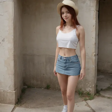 18-year-old girl similar to Chloë Grace Moretz, smiling, waist-length red hair, disheveled and disheveled, wears white fedora hat, long, loose white sleeveless blouse, blue miniskirt, tennis shoes, no socks, tight clothing, poses on ruins, Probably part of...