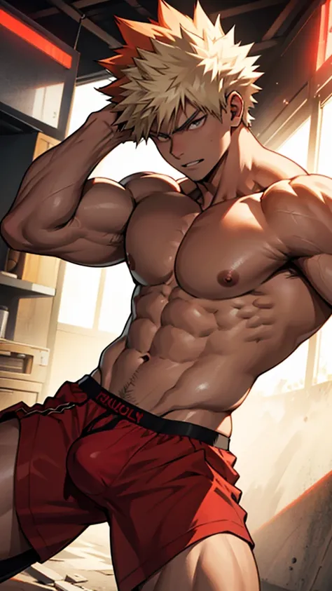 Hot, red-hued eyes gleam with unsuppressed intensity, as the teenage embodiment of Katsuki Bakugo is captured in vivid detail. The image is rendered in high resolution, showcasing every contour and definition of his muscular form. Bakugo is depicted in a p...