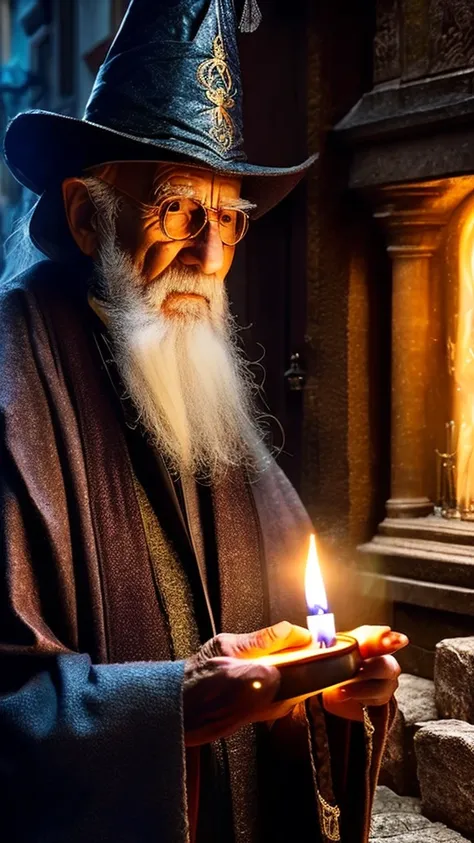 A wizard-like old man, astrology, occult, fortune-telling, crystal ball, candlelight, dark alley, moody atmosphere, detailed face, intricate robes, mysterious expression, dramatic lighting, elderly hands, cobblestone street, urban setting, fantasy, cinemat...