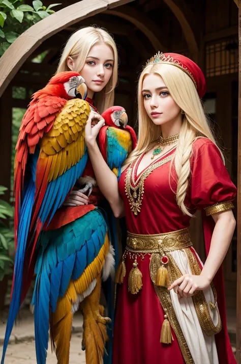 Blonde Turkish princess holding a red macaw 
