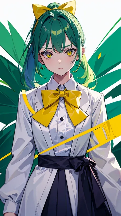 1girl,9 year old girl,green hair,yellow eyes,ponytail,white suit,green overall,Purple bow tie,upper body,hyper detailed,cinematic lighting,best quality,masterpiece,blue background