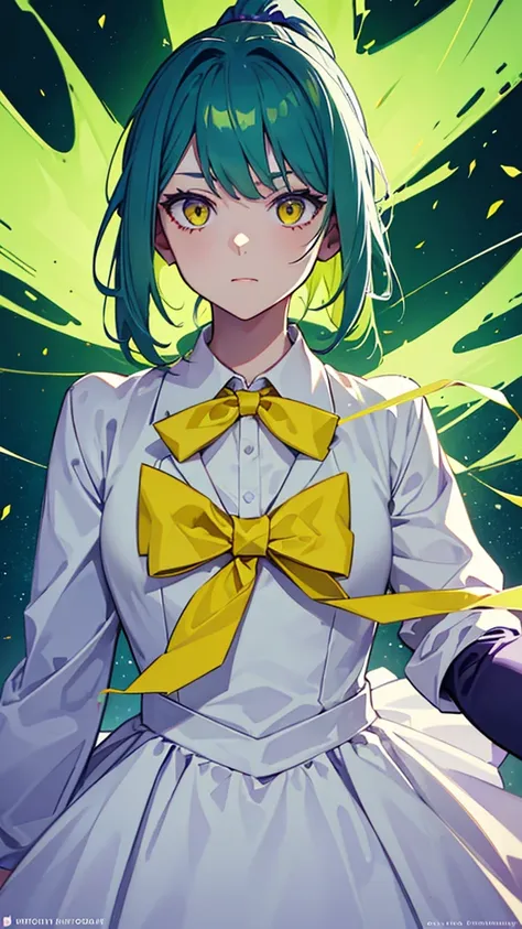 1girl,9 year old girl,green hair,yellow eyes,ponytail,white suit,green overall,Purple bow tie,upper body,hyper detailed,cinematic lighting,best quality,masterpiece,blue background