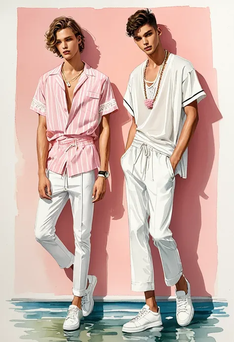 candid fashion illustration of two young mixed male supermodel, both aged 20 year old, ((showcase fashion look book in a white a...