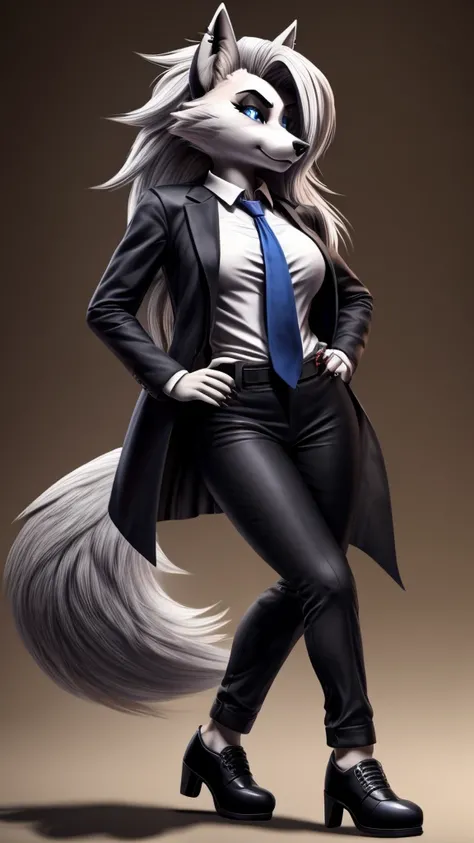 Loona from Helluva Boss, female wolf, mature adult, anthro, white hair, blue eyes, forensic expert, white shirt with tie, black pants, black shoes, brown coat, detailed, solo, beautiful, high quality, clear background, 4K