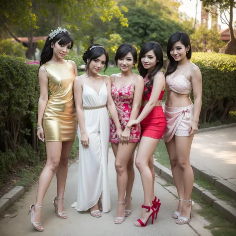 A beautiful Indonesian woman, 2 Indonesian women in transparent mini dresses, 2 Indonesian women in g-string bikinis, smiling, facing the viewer, high heels, bangs hairstyle, red nail polish, earrings, at the  Park, (best quality,4k,8k,highres,masterpiece:...