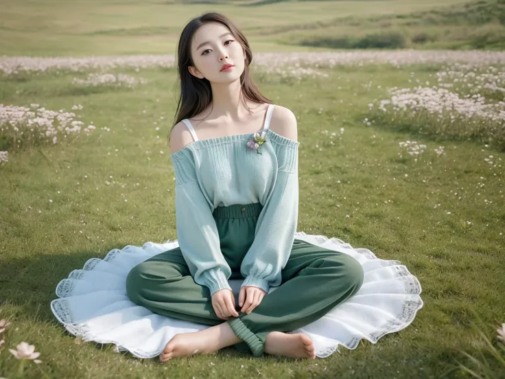 grassland，rosette，Girl sitting on the grass，flower ring，8K， best quality， realistic， very detailed，distance， Full Body Sbian，Wearing high-quality knits and pants, 36 years old, head closed on shoulders