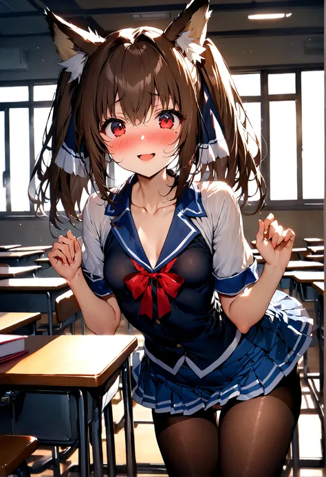 NSFW,masterpiece,Highest quality,High resolution,Super detailed,nekone (utawarerumono),Brown Hair、（Red Eye：1.3）、ribbon、Animal Ears、Twin tails、ヘアribbon、Mole、目の下のMole,Small breasts,uniform,mini skirt,white silk panties,pantyhose,Embarrassed,blush,Expecting f...