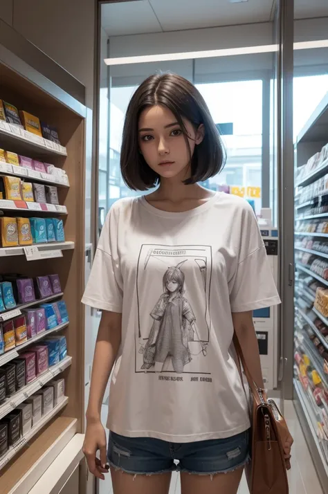 A woman in 3D drawing format with the shirt written NEXUS, she is in a store written NEXUS 