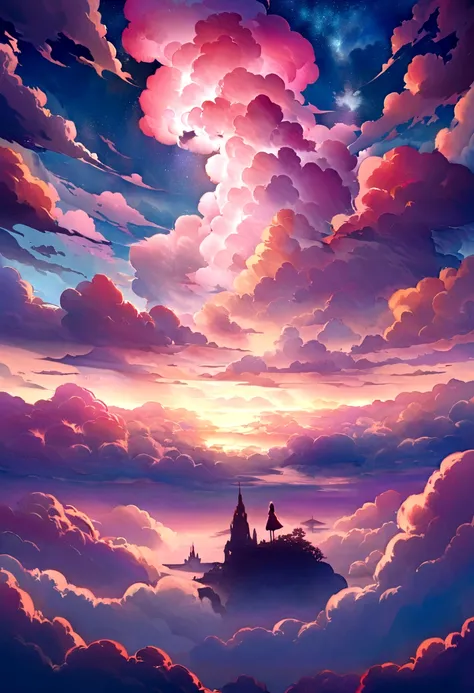 Highest quality,Super detailed,Magic Cloud,Ethereal atmosphere,Vibrant colors,Fascinating landscape,Mysterious Clouds,Soft sunlight,Quiet and peaceful,Pastel Color Palette,Heavenly glow,Magnificent skyscape,Surreal beauty,Calm and dreamy,Mysterious atmosph...