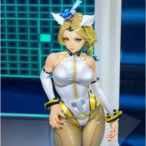 a close up of a woman in a cyber leotard suit, female, video game character, cyber suit, clothed in cyber armour, cyber fight armor, rogue anime girl, shy blush, wearing a leotard thong, highheels, fullbodyshot, model pose, chocker, cameltoe, big ass, big ...