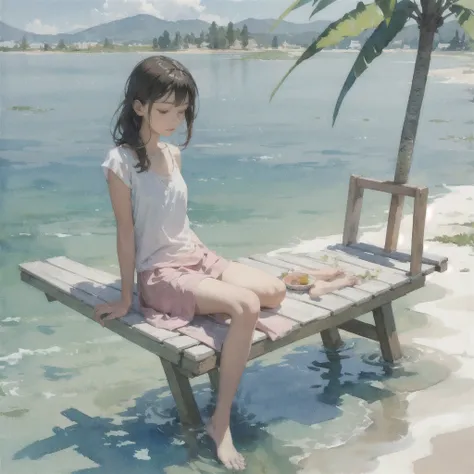 Tranquil voyager girl, in watercolor style, Photorealism, discreet pink and mint shades, barefoot