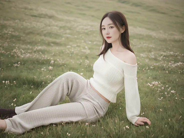 grassland，rosette，Girl sitting on the grass，flower ring，8K， best quality， realistic， very detailed，distance， Full Body Sbian，Wearing high-quality knits and pants, 36 years old, head closed on shoulders