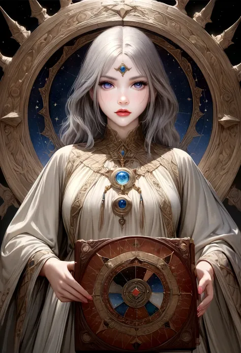 a cute gray haired woman, intricate star patterned mystical robes, astrological workshop, huge tome of astrological signs, star observation tools, detailed face, beautiful detailed eyes, beautiful detailed lips, extremely detailed face and eyes, long eyela...