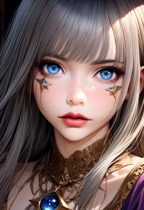 a cute gray haired woman, intricate star patterned mystical robes, astrological workshop, huge tome of astrological signs, star observation tools, detailed face, beautiful detailed eyes, beautiful detailed lips, extremely detailed face and eyes, long eyela...