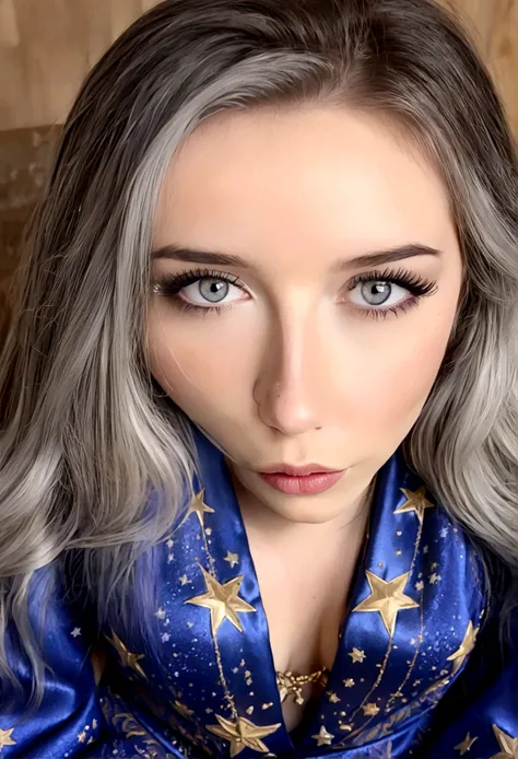 a cute gray haired woman, intricate star patterned mystical robes, astrological workshop, huge tome of astrological signs, star observation tools, detailed face, beautiful detailed eyes, beautiful detailed lips, extremely detailed face and eyes, long eyela...