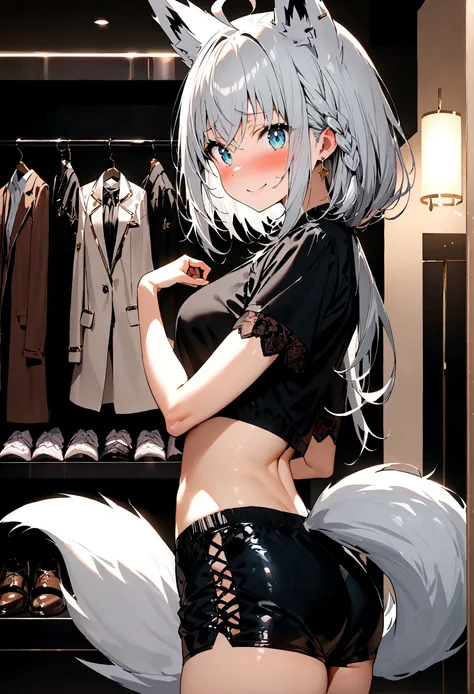 NSFW,masterpiece,Highest quality,High resolution,Super detailed,Shirakami Fubuki(Hololive),Gray Hair、One-sided braid、Ahoge、Earrings,Fox ears,Fox tail,Jacket,Crop top shirt,Low rise rubber shorts,Embarrassed,blush,Expecting face,Seduce,smile,Lingerie Shop,U...