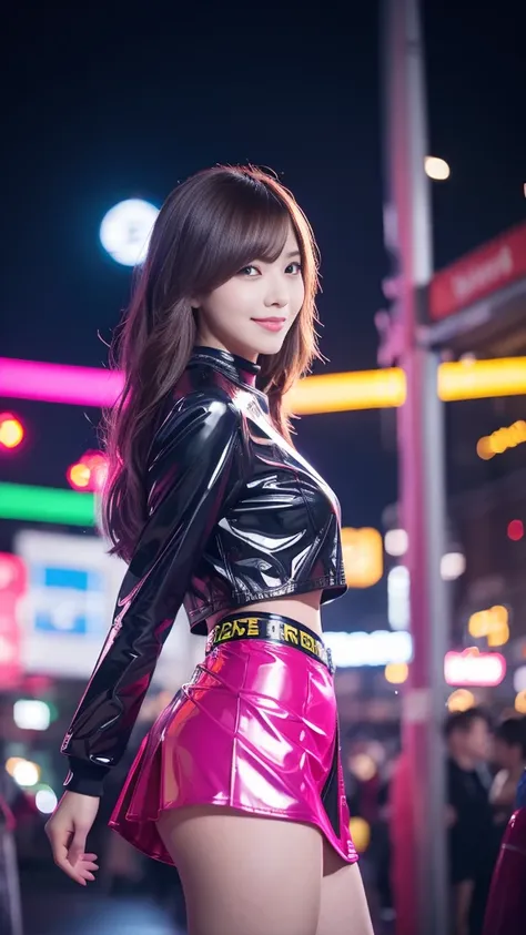 browsing caution、female idols、smile、ezvian everywhere、、shiny latex mini skirt（neon fuchsia)、(multi-colored long hair)、conceptual...