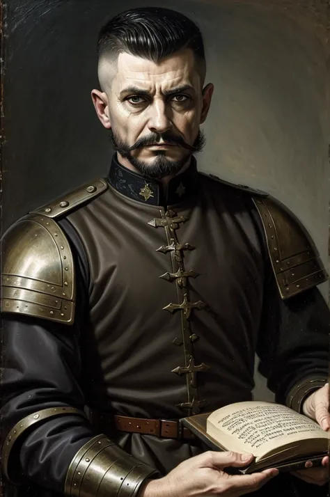 Military general with a goatee and a fade haircut wearing medieval armor and a book in one hand. ((Oil portrait)) ((Sinister))