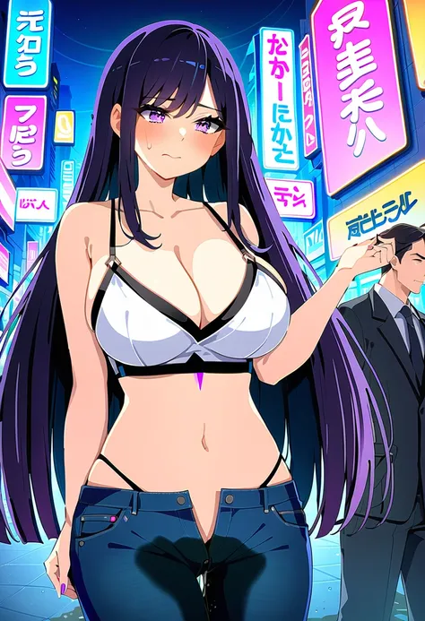 (masterpiece:1.37), best quality, (extremely detailed:1.37), woman, (mature:1.5), (adult:1.5), large breasts, very long hair, (straight hair:1.5), dark purple hair, purple eyes, (extremely detailed eyes:1.37), crop top, cleavage, navel, groin, jeans, despe...