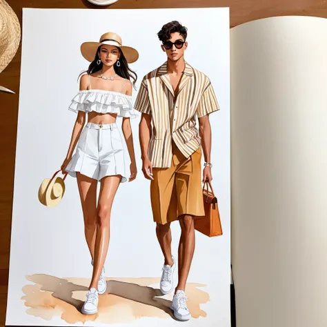 candid fashion illustration of young Mixed race man and woman, both aged 25 year old, ((showcase fashion look book in Earth tone outfits)), inspired by Jacquemuss resort collection 2022, in elegant young chic bohemian style. The man wears an oversized shor...