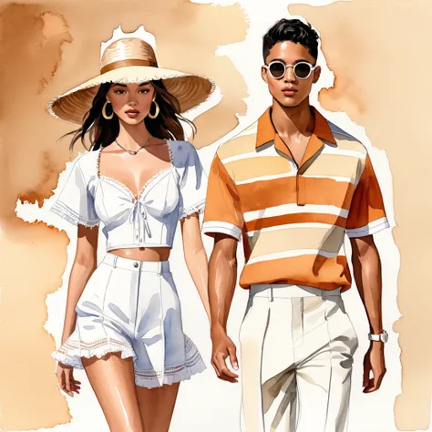 candid fashion illustration of young Mixed race man and woman, both aged 25 year old, ((showcase fashion look book in Earth tone outfits)), inspired by Jacquemuss resort collection 2022, in elegant young chic bohemian style. The man wears an oversized shor...