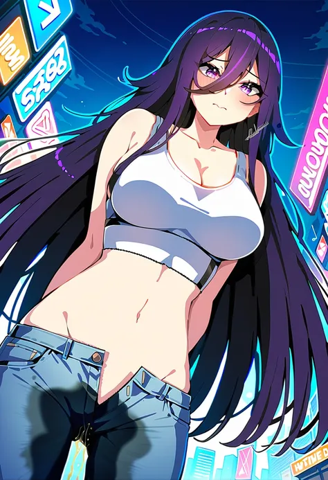 (masterpiece:1.37), best quality, (extremely detailed:1.37), woman, (mature:1.5), (adult:1.5), large breasts, very long hair, (straight hair:1.5), (extremely long bangs:1.5), dark purple hair, purple eyes, (extremely detailed eyes:1.37), crop top, cleavage...