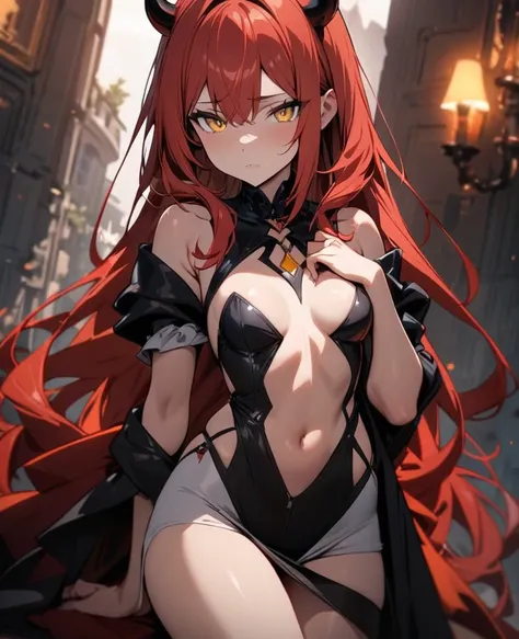 masterpiece, Highest quality, One girl, alone, Yellow Eyes, Redhead, Small breasts, Devil&#39;s , Devil&#39;s Tail, Devil&#39;s Wings, Little devil horns, Pointed Ears, (Small breasts), (Flat Chest), Twin tails, Bat Hair Ornament, Cape, White shirt, White ...