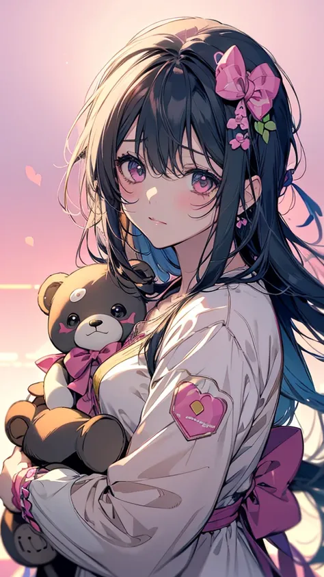 Close-up of a person holding a teddy bear against a pink background, Decora style illustrations, Cute art style, Cute girl anime visuals, Cute anime manga style, Anime art style, Pin on anime, beautiful Anime art style, Anime Moe Art Style, Anime Graphic I...