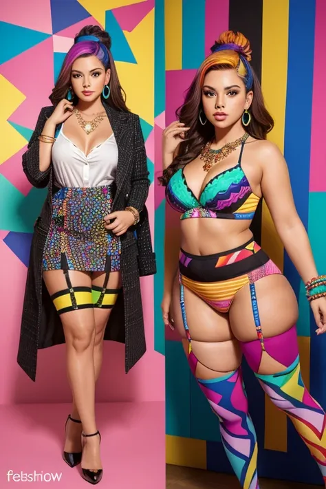 obesity, best quality, masterpiece, Fashion with a piece of fabric that exposes almost the entire upper body, H-shaped skirt that reveals more than 10cm above the knees, High heels that are very flashy and have a heel of more than 7 cm., large, colorful ne...