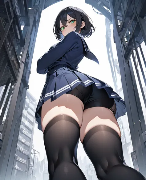 One Woman、Black Hair、Hairstyle、Shortcuts、Green Eyes、Slanted Eyes、whole body、Are standing、Navy blue sailor suit、Navy blue short skirt、Black Stockings、look back、View the viewer, Black Hair, Hair between the eyes, short hair, tsurime, Pouting, A slight blush,...