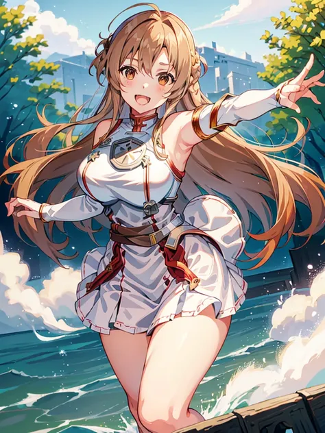 Star, asuna, wide, Brown hair, braid, Brown eyes, bare shoulders, armor, breastplate, white sleeves, separate sleeves, Red skirt, pleated skirt, white thighs, undulation, SMILE, Leaning forward, Open mouth, City, Fancy