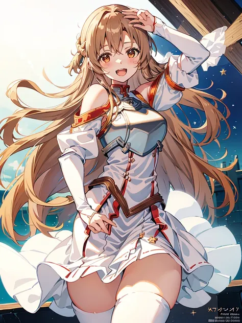 Star, asuna, wide, Brown hair, braid, Brown eyes, bare shoulders, armor, breastplate, white sleeves, separate sleeves, Red skirt, pleated skirt, white thighs, undulation, SMILE, Leaning forward, Open mouth, City, Fancy