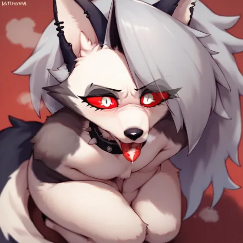 Solo, score_9,score_8_up,score_7_up, source_cartoon, kemono style, (Anthro furry hellhound, loona from helluva boss, furry body white eyes, red sclera, sad eyes, tongue out, steam coming from her mouth), naked:-.3, bare arms, bare legs,  collar, simple bac...