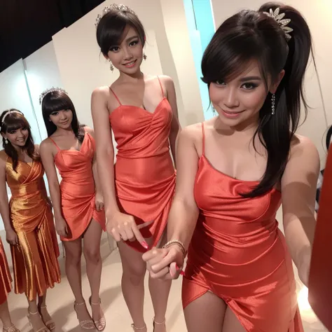 A beautiful Indonesian woman, 2 Indonesian women in transparent mini dresses, 2 Indonesian women in g-string bikinis, smiling, facing the viewer, high heels, bangs hairstyle, red nail polish, earrings, at the wedding Park, (best quality,4k,8k,highres,maste...