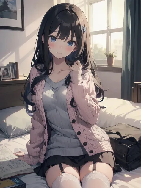 1girl, solo, long hair, looking at viewer, blush, bangs, blue eyes, long sleeves, bow, sitting, closed mouth, collarbone, jacket, hair bow, grey hair, thighs, frills, open clothes, indoors, hood, legs, book, bare legs, window, bed, on bed, stuffed toy, pin...