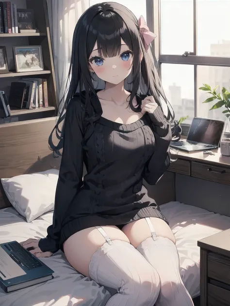 1girl, solo, long hair, looking at viewer, blush, bangs, blue eyes, long sleeves, bow, sitting, closed mouth, collarbone, jacket, hair bow, grey hair, thighs, frills, open clothes, indoors, hood, legs, book, bare legs, window, bed, on bed, stuffed toy, pin...