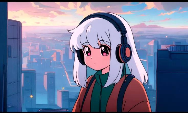 Anime girl wearing headphones looking out the window at the city, Lo-fi Girl, Anime atmosphere, Lofi Artstyle, Anime Style 4k, Anime Aesthetics, Nightcore, Lo-fi feeling, Lofi Art, anime art wallpaper 4k, anime art wallpaper 4k, anime wallpaper 4k, anime w...