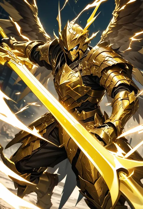 an extremely detailed 4k of a warrior clad in leather armor made of lightning with wings made of lightning as well, wielding 2 yellow steel swords