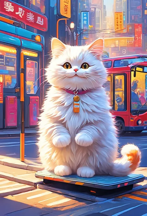 Anthropomorphic Cat,with small steps,bus stop,View Schedule,Lovely,Fluffy fur,masterpiece,Rich colors,best quality,Official Art,fantasy,rich and colorful,Happy,Smile,最高にLovely猫,Furry cat,Expectations,happiness,Beautiful background,Stylish city views,Fun ou...