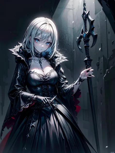 (a girl with) Aura-like gothic lighting, realistic Gothic-style artwork, detailed skeleton impaling itself with a sword in the neck, dark atmospheric background, high-res masterpiece:1.2, ultra-fine painting, professional, vivid colors