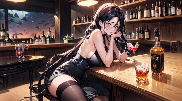 best quality, 4K, high resolution, masterpiece:1.2, Extremely detailed），Sad expression looking at the camera，Large Breasts,30 years old girl,独奏,black hair,long hair,blue eyes,(drunk,blush),sitting,drinking,((Mature sexy body))，Black stockings，Black tight s...