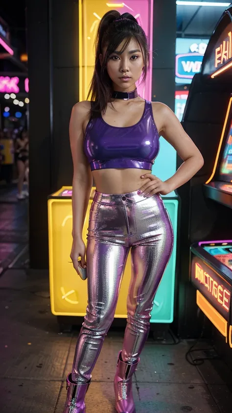 “Create an HD Ultra Realistic image of Young Attractive Asian Woman Sophie Tan in a Y2K-inspired fashion editorial. Sophie is dressed in a metallic purple crop top with cut-out details and matching pleather pants, accessorized with chunky platform boots an...