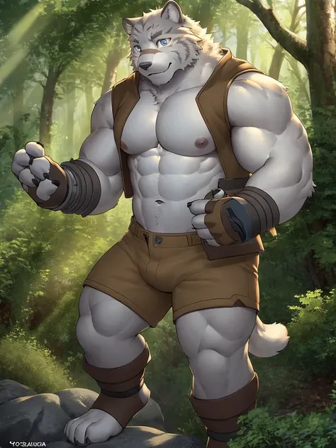 best quality,realistic lighting, male, anthro,muscular, muscular male, solo, bodily fluids, abs, pecs, muscular anthro, hi res, nipples, detailed background, forest, (yohei:1.2), (perfect eyes:1.2),white fur,  (ultra detailed paws)