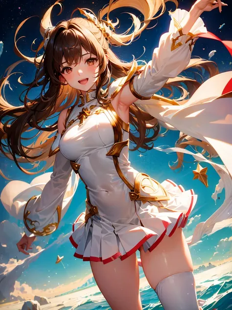 Star, asuna, wide, Brown hair, braid, Brown eyes, bare shoulders, armor, breastplate, white sleeves, separate sleeves, Red skirt, pleated skirt, white thighs, undulation, SMILE, Leaning forward, Open mouth, City, Fancy