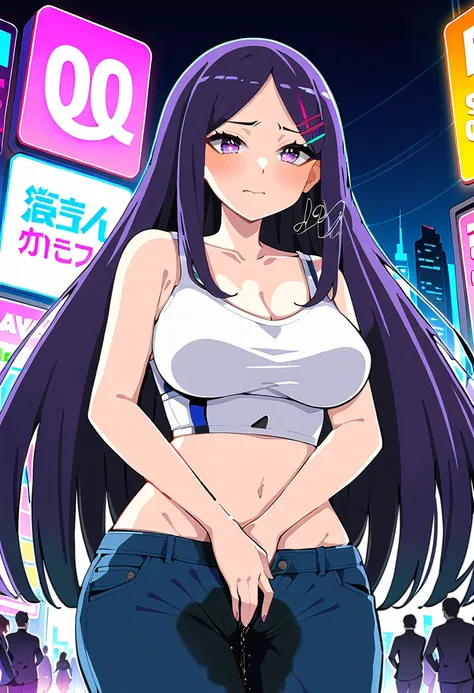 (masterpiece:1.37), best quality, (extremely detailed:1.37), woman, (mature:1.5), (adult:1.5), large breasts, very long hair, (straight hair:1.5), dark purple hair, purple eyes, (extremely detailed eyes:1.37), crop top, cleavage, navel, groin, jeans, despe...