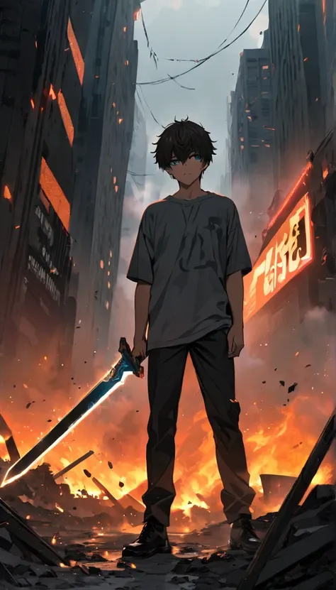 Resolution full, best quality, masterpiece, full HD, foggy theme, super detailed, 1boy, young boy. oreki hotarou. Black hair, detailed beautiful Aqua eyes, grey T - shirt. Long black pants.  in wasteland, in burning city, holding glowing sword, shadows sur...