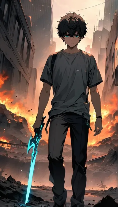 Resolution full, best quality, masterpiece, full HD, foggy theme, super detailed, 1boy, young boy. oreki hotarou. Black hair, detailed beautiful Aqua eyes, grey T - shirt. Long black pants.  in wasteland, in burning city, holding glowing sword, shadows sur...